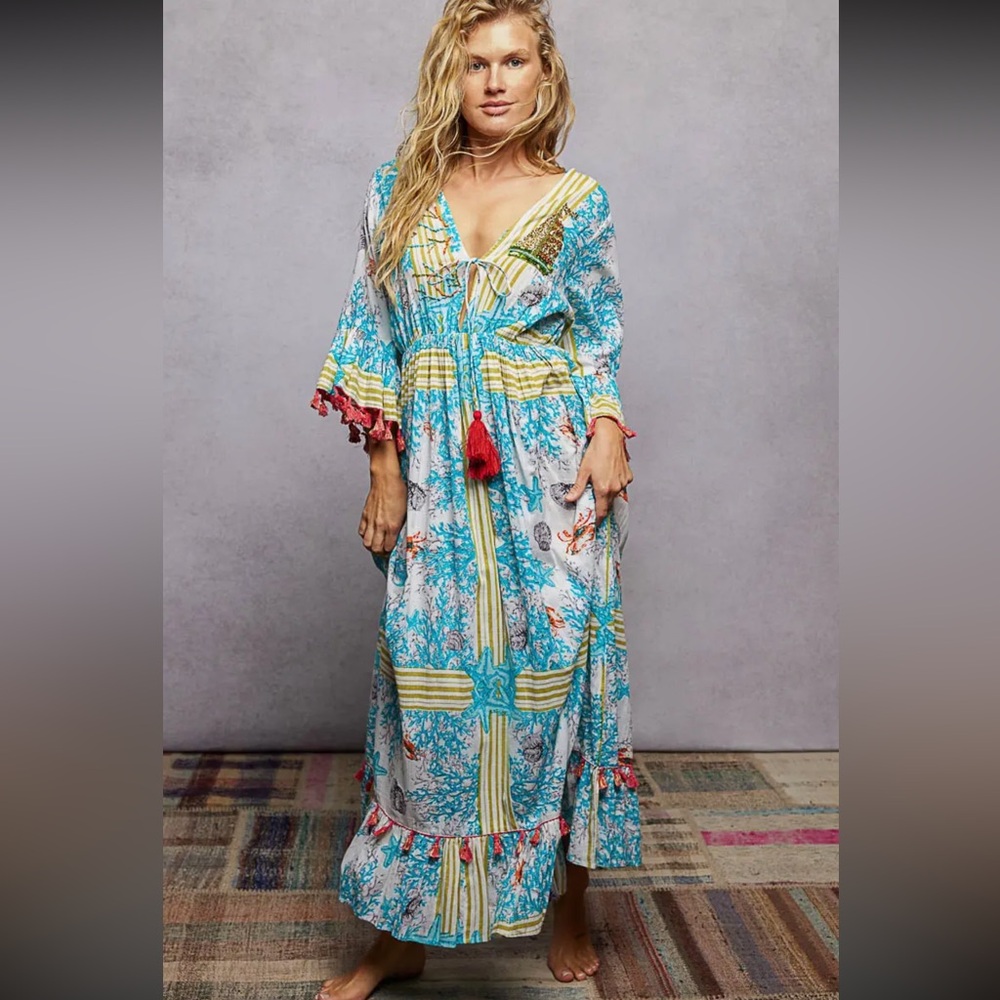 Beach Pattern V-Neck Ruffle Sleeves Tassel Maxi Dress|Blue+Ivory Multi - Picture 2 of 5